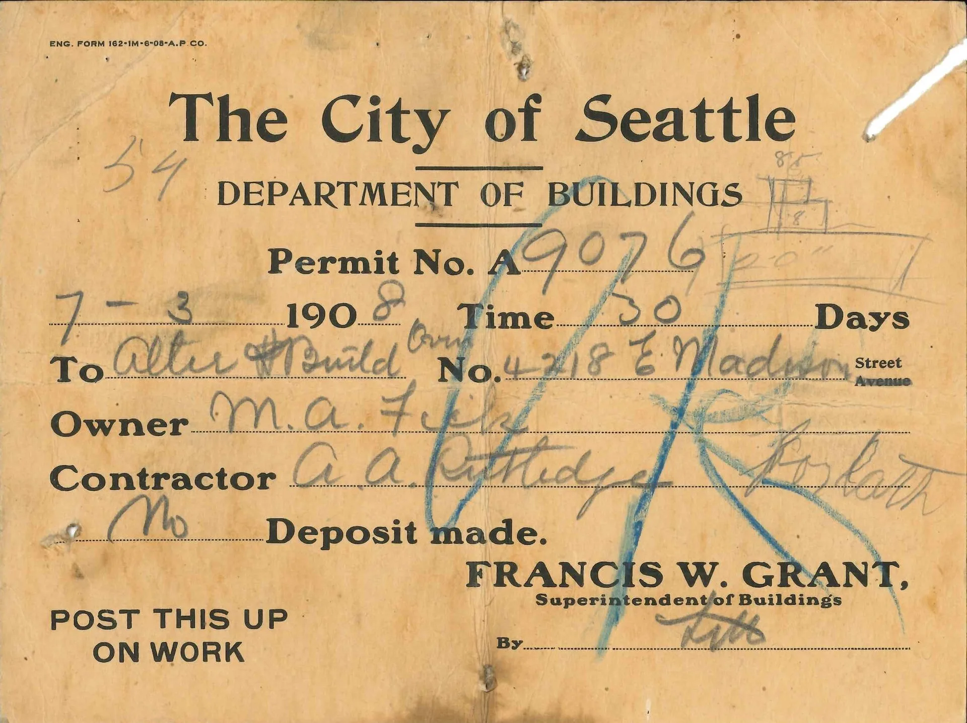 Seattle building permit for a property at 4218 E Madison, 1908. City and county licenses examples with the reasoning laid bare