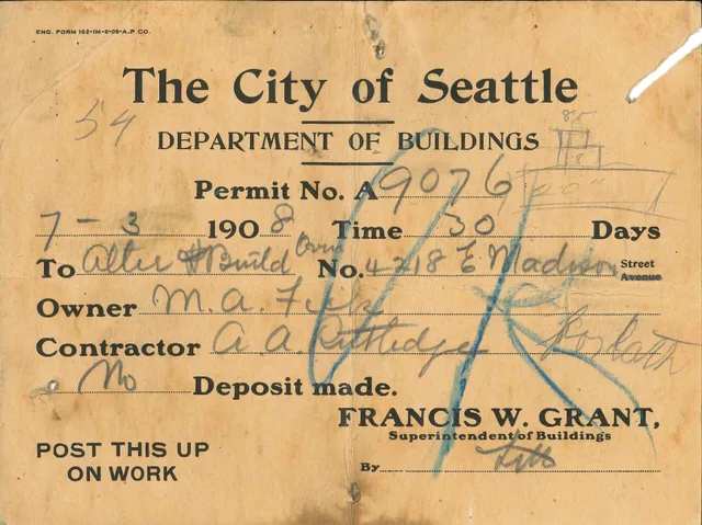 Seattle building permit for a property at 4218 E Madison, 1908. City and county licenses examples with the reasoning laid bare