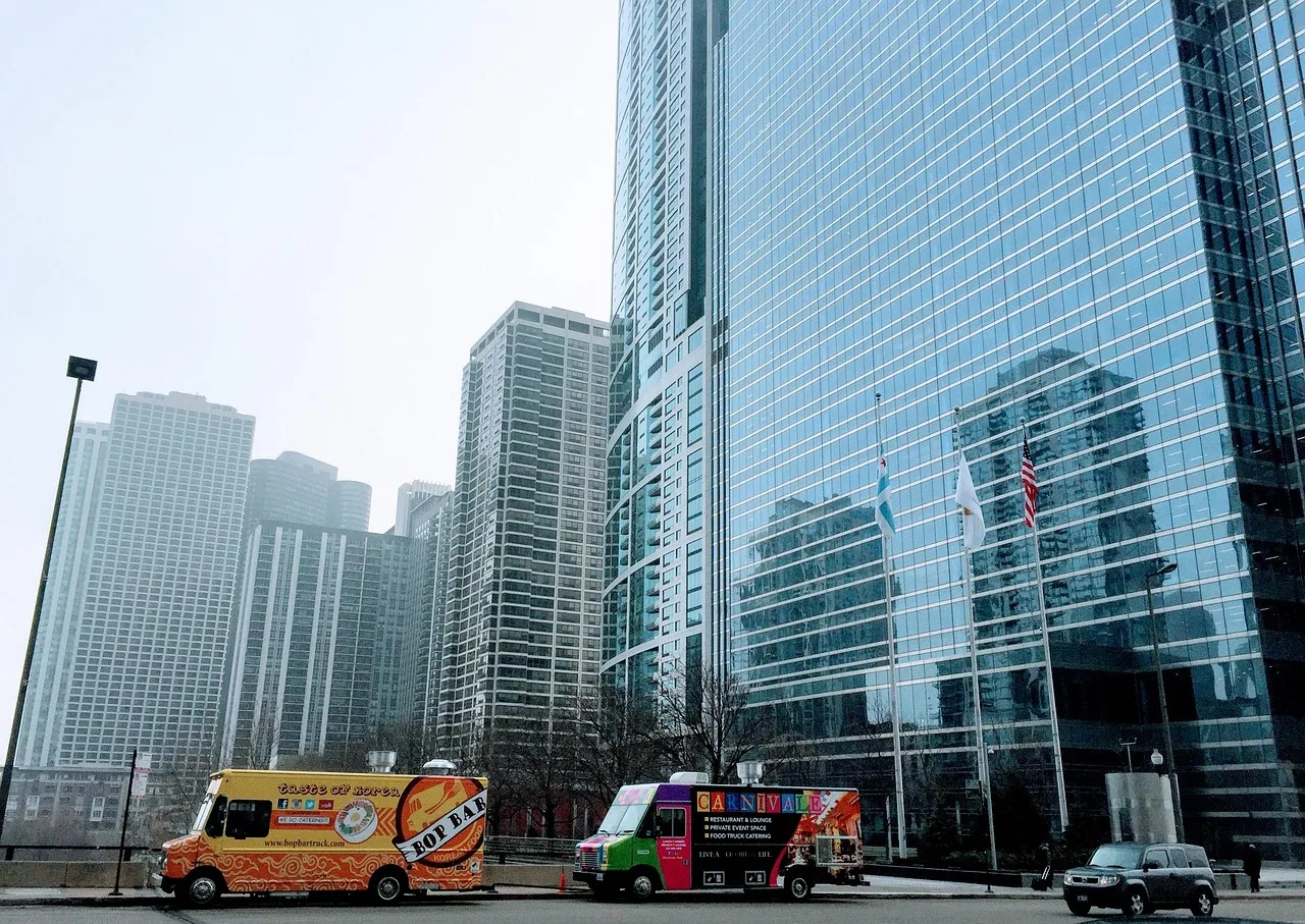 food truck, chicago, skyscraper, morning, usa, city, urban, downtown, illinois, america, reflection, building, blue food, blue truck, food truck, food truck, food truck, food truck, food truck. What county permits trip up Miami-Dade food truck owners?