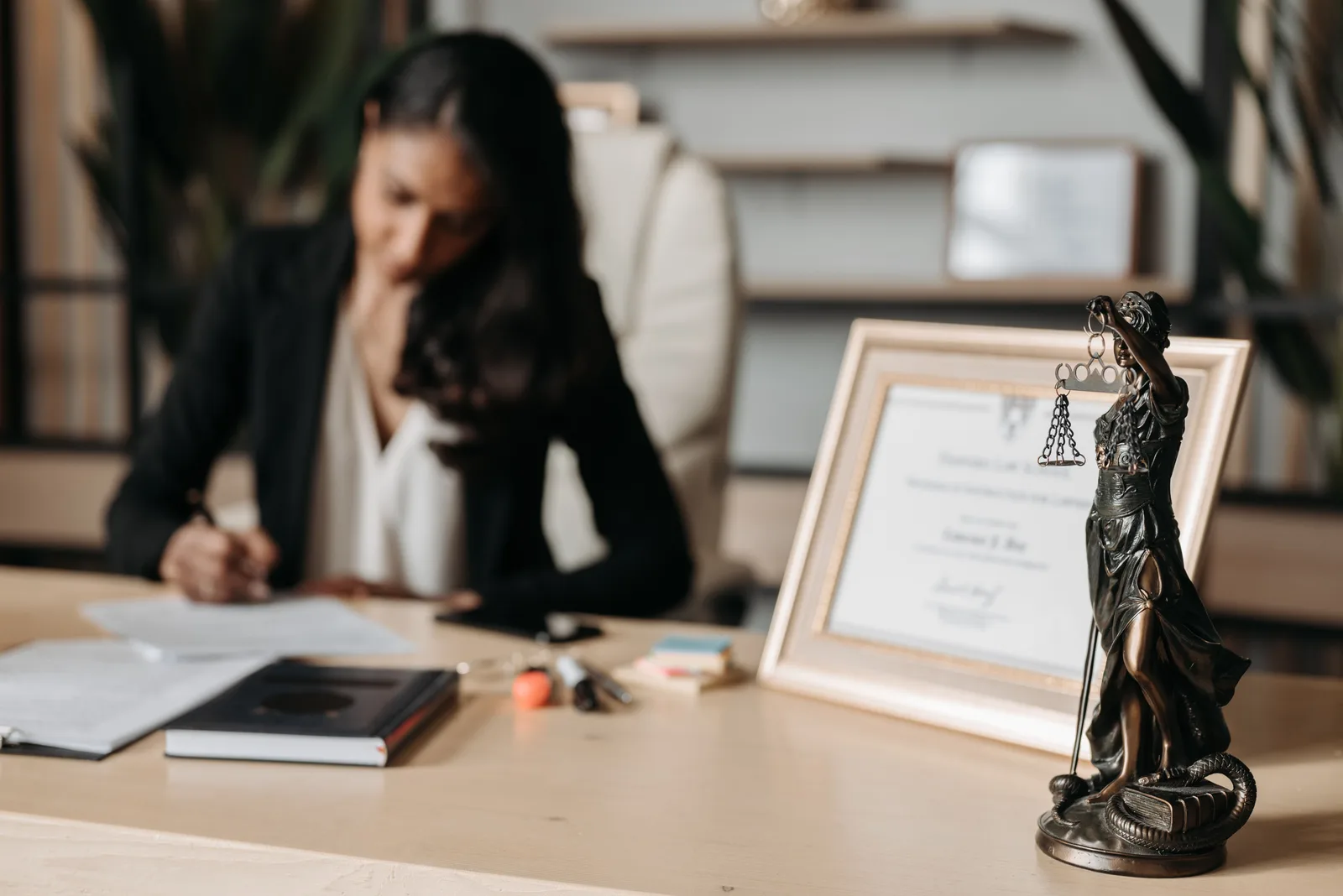 Focused woman writing at desk with Lady Justice figurine and certificate in office. Renew California Alcoholic Beverage Control License: Timing