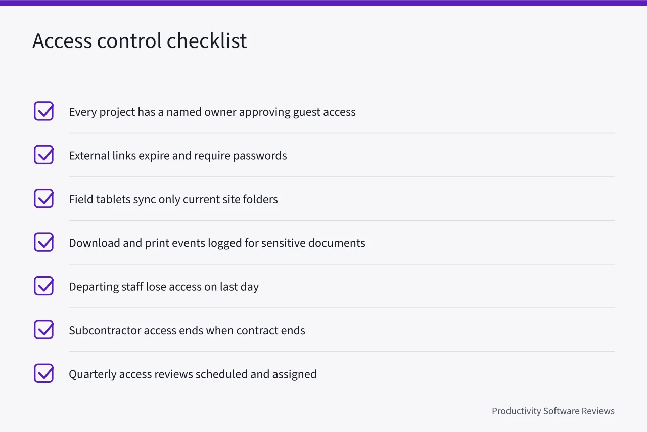 Seven-item checklist for configuring secure access in energy project workspaces (Alberta privacy law and Calgary energy firms' document control needs)