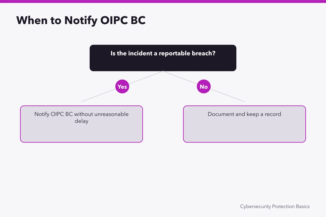 Decision flow for determining when to notify OIPC BC about a breach (Does BC's PIPA change what a Victoria tourism business must report?)
