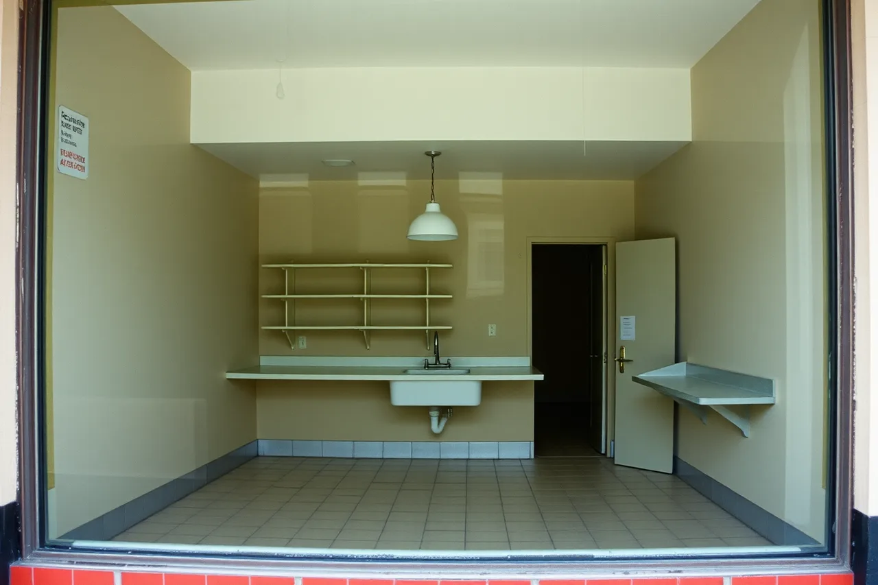 Vacant storefront with the previous tenant's counter and shelving still installed (City and county licenses examples with the reasoning laid bare)