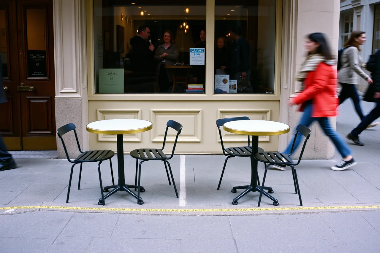Two cafe tables and chairs on the sidewalk outside a shopfront (City and county licenses examples with the reasoning laid bare)
