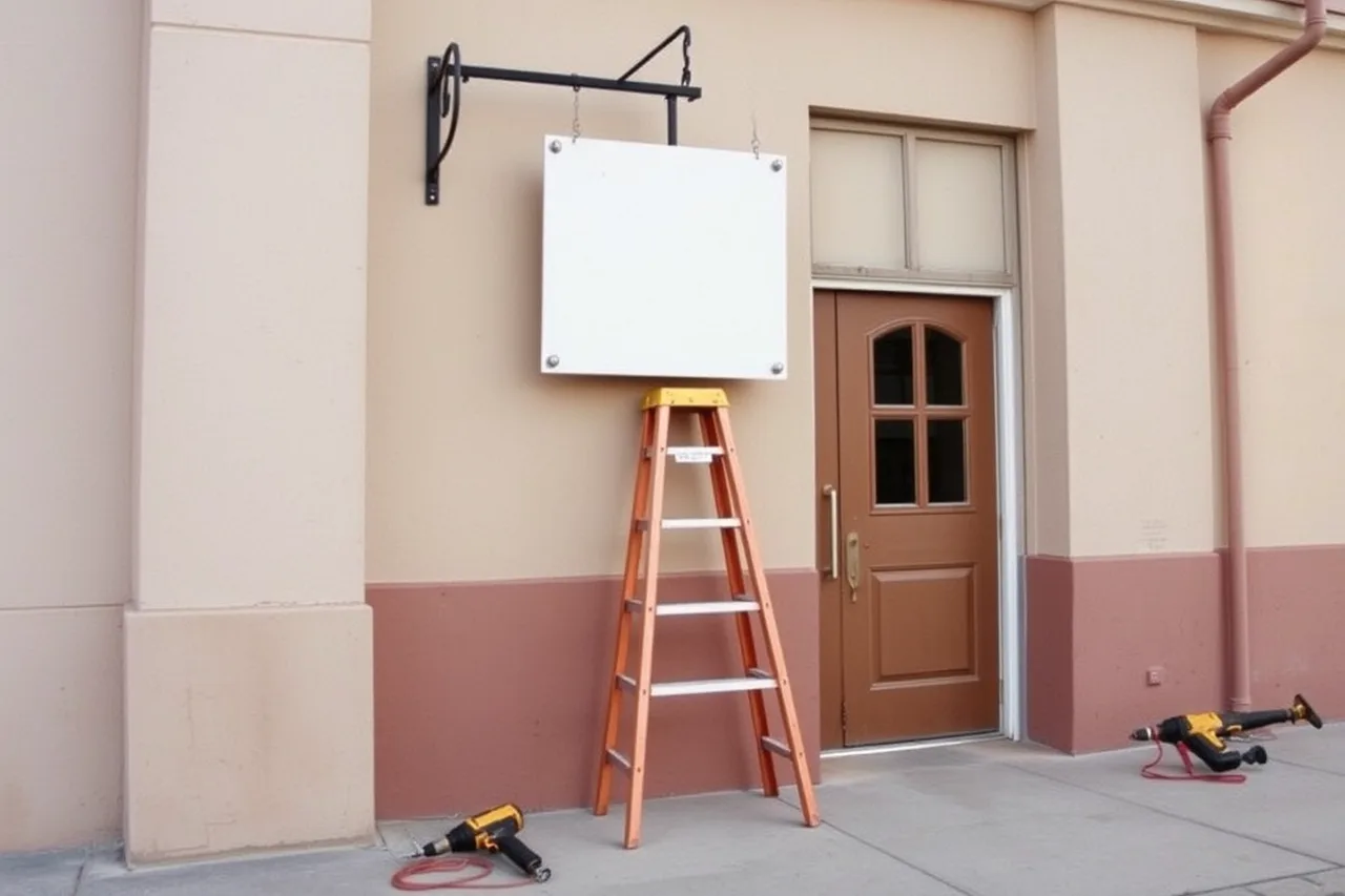 Workers mounting an illuminated sign panel on a shop facade (City and county licenses examples with the reasoning laid bare)