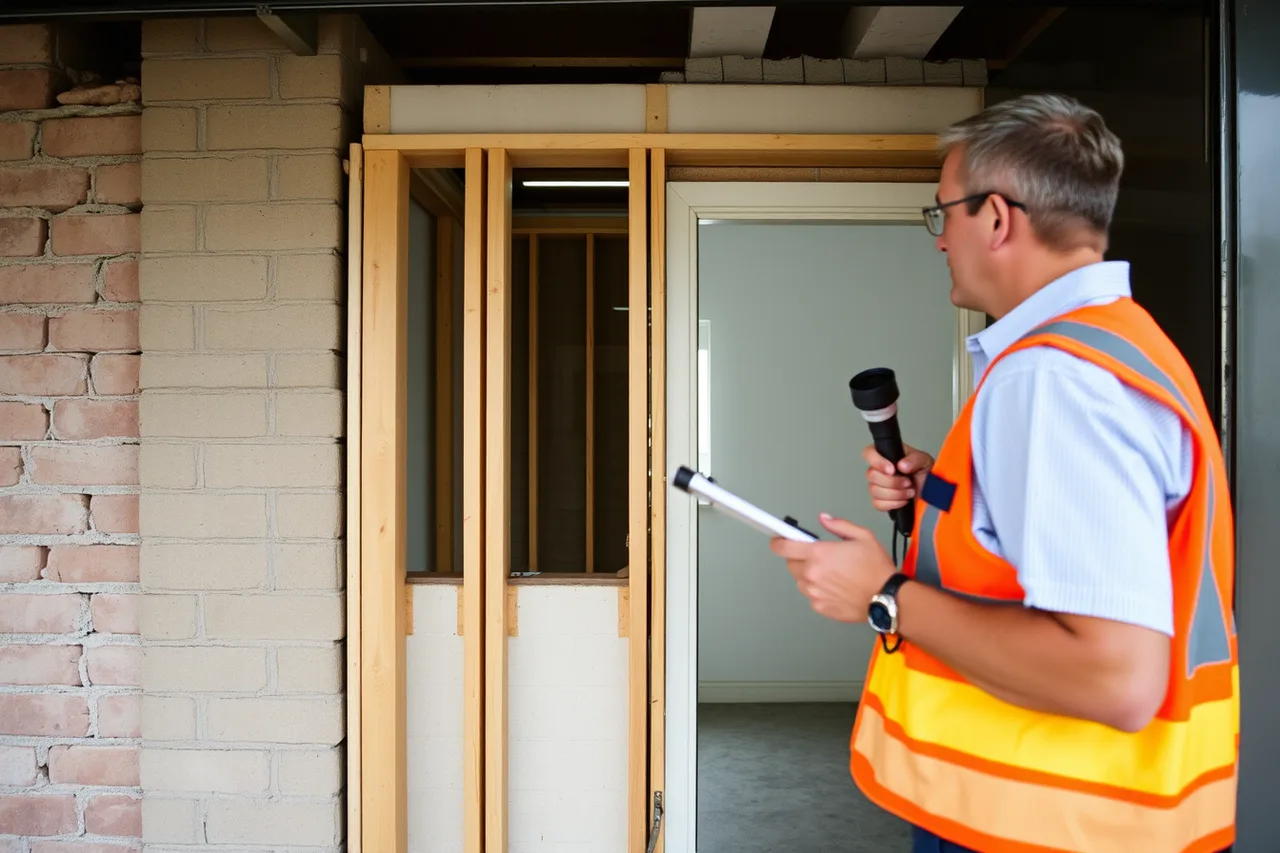 Inspector examining an unapproved partition wall inside a commercial unit (City and county licenses examples with the reasoning laid bare)