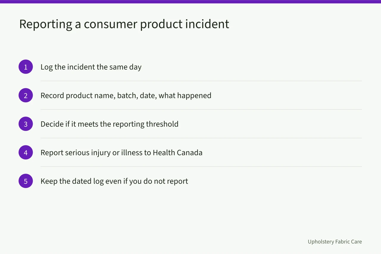 Five-step flow for logging and reporting a consumer product incident (Which cleaning chemicals need Health Canada compliant labels?)
