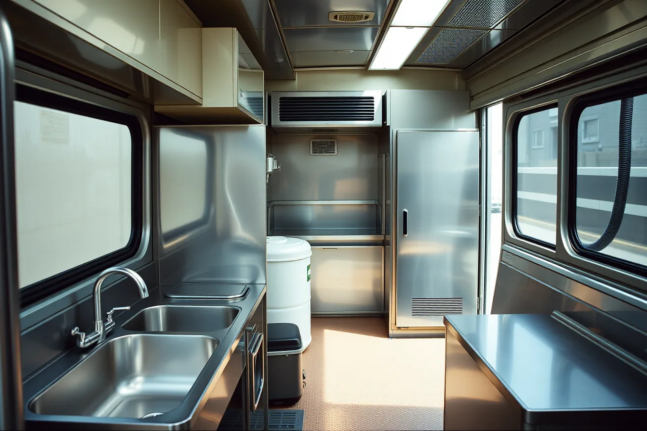 Food truck interior with handwashing sink, three-compartment sink, and tanks (What county permits trip up Miami-Dade food truck owners?)