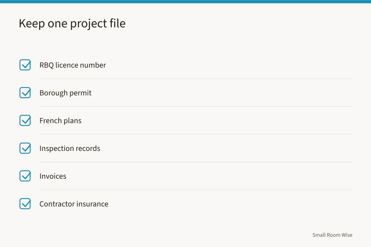 Checklist of documents to keep in one renovation project file (Quebec permit and French-language rules for a small Montreal apartment renovation)