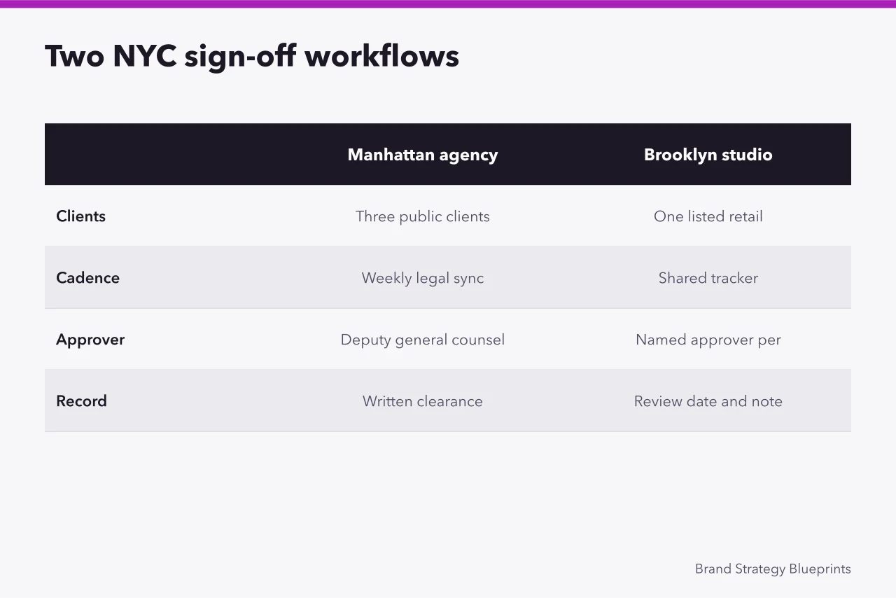 Comparison of two agency sign-off workflows for public company clients (Why New York City brand agencies need SEC disclosure rules)