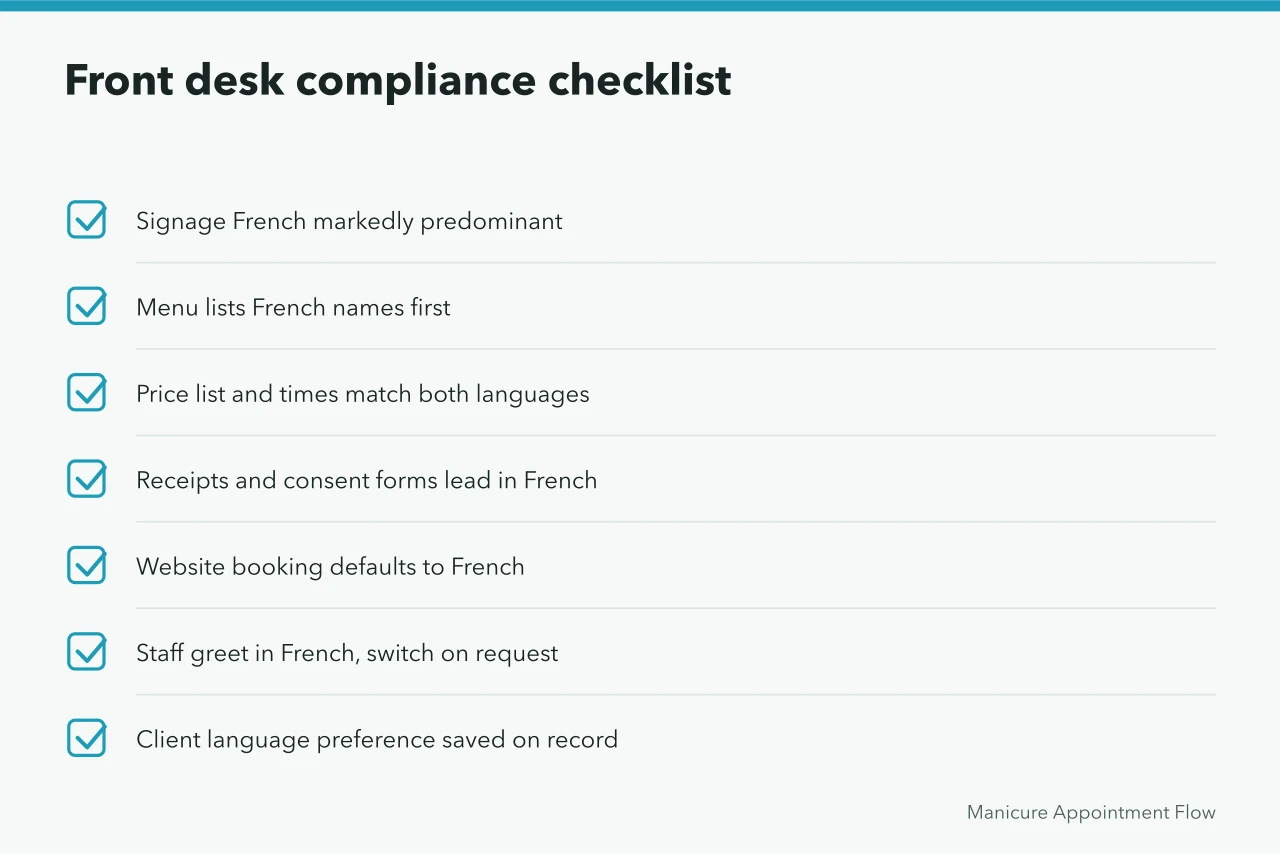 Seven-item front desk language compliance checklist (How Quebec's language rules change appointment booking in Montreal salons)