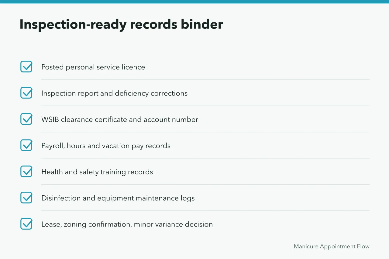 Checklist of seven records to keep for a salon inspection (Toronto salon licensing and WSIB coverage, a practical overview)
