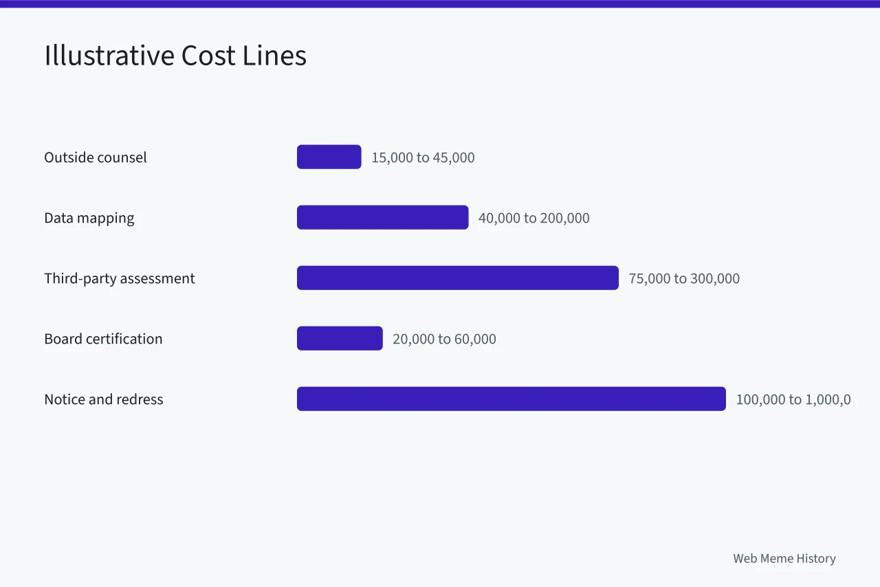 Bar chart of illustrative compliance cost lines in USD (How to trace Facebook FTC settlement history in USD)