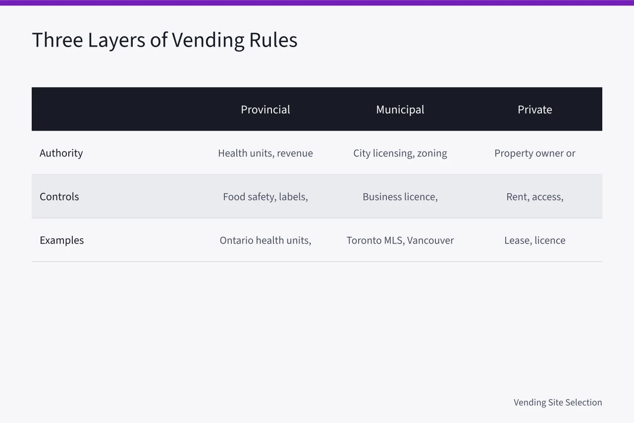 Table comparing provincial, municipal and private vending machine rules (Vending machine licences in Canada: what Ontario and BC operators need)